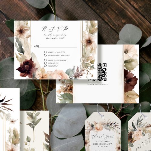 Floral Fall Muted Rose Peony Peach QR code Wedding RSVP Card