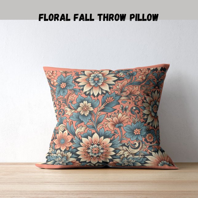 Floral fall peach & blue bloom throw pillow (Creator Uploaded)