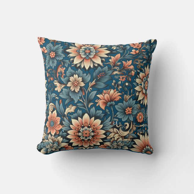 Floral fall peach & blue bloom throw pillow (Front)