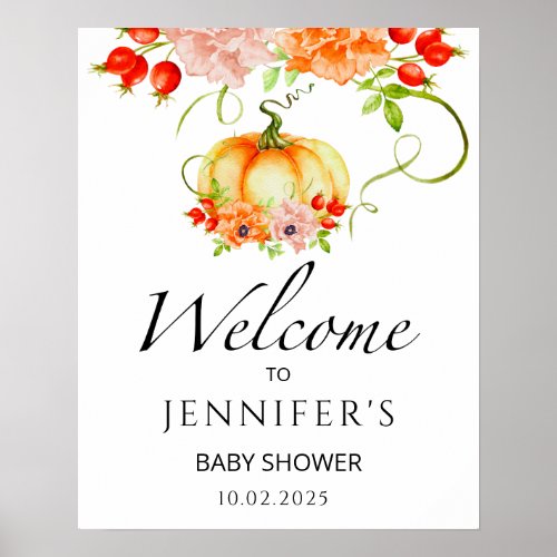 Floral fall pumpkin baby shower welcome poster