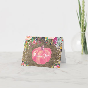 Floral Fall Pumpkin Burlap Gold Glitter Confetti Thank You Card