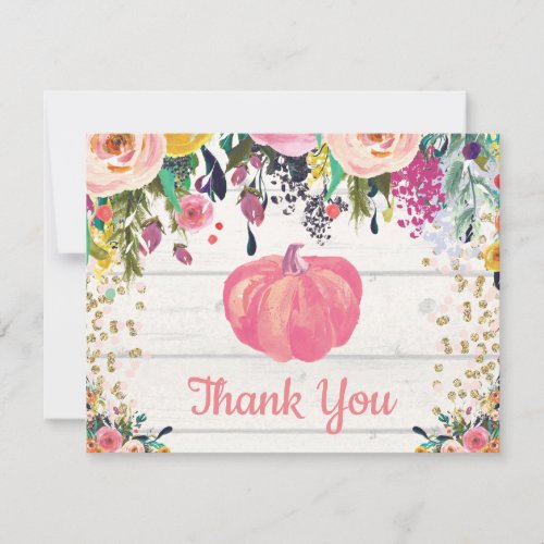 Floral Fall Pumpkin Burlap Pink Gold Glitter Thank You Card