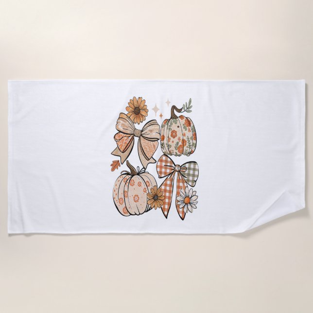 Floral Fall Pumpkin Coquette Boho Fall Bow Beach Towel (Front)