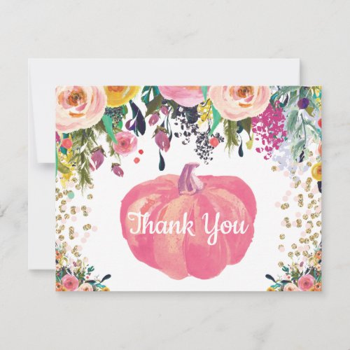 Floral Fall Pumpkin Pink Gold Glitter Confetti Thank You Card