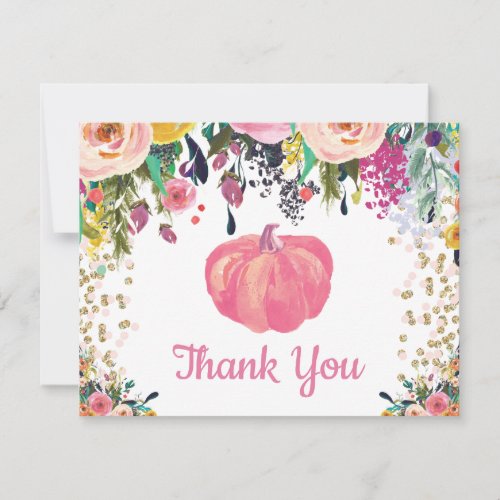 Floral Fall Pumpkin Pink Gold Glitter Confetti Thank You Card