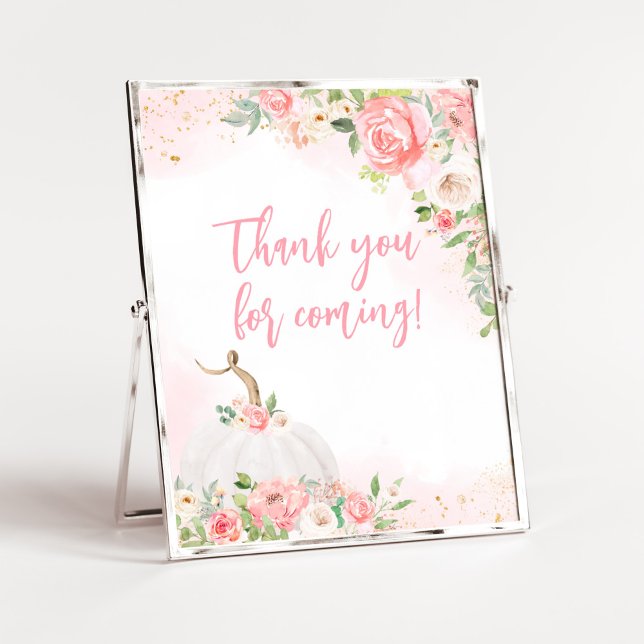 Floral Fall Pumpkin Thank You for Coming Poster (Pink Pumpkin Baby Shower Thank You for Coming Sign)