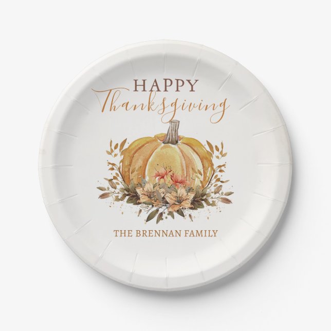 Floral Fall Pumpkin Thanksgiving Dinner Paper Plates (Front)