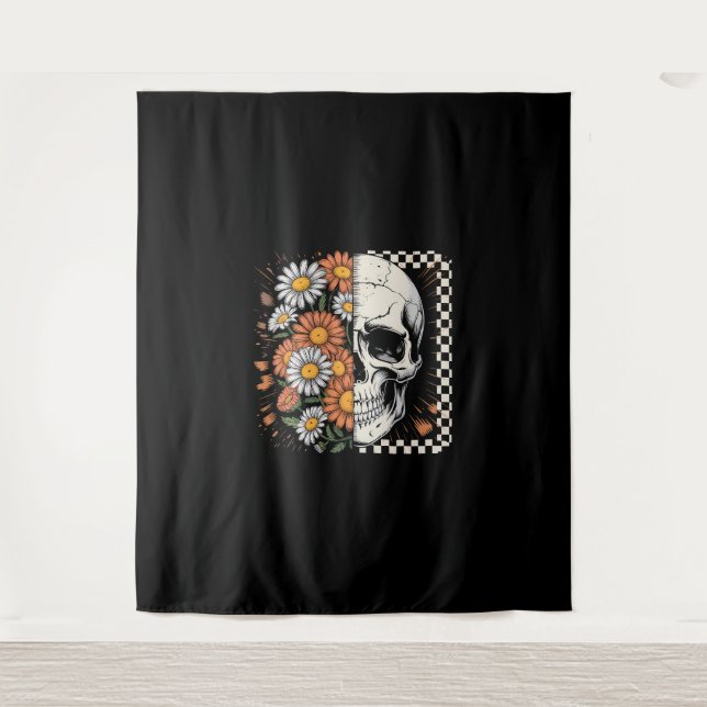 Floral Fall Skeleton Boho Halloween Tapestry (Front)