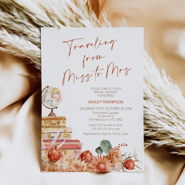 Floral Fall Traveling from Miss Mrs Bridal Shower Invitation (Boho Floral Fall Traveling from Miss to Mrs Bridal Shower Invitation, Burn Orange, Rust Boho Floral)