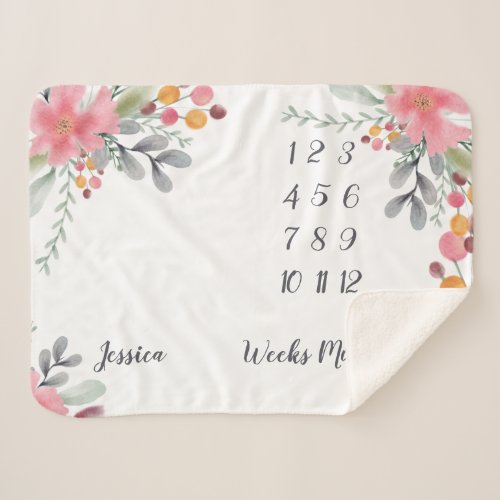 Floral fall watercolor pink baby milestone photo sherpa blanket