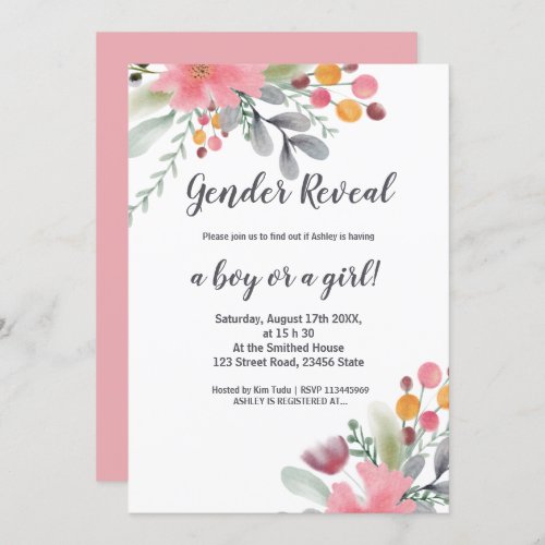 Floral fall watercolor pink bouquet gender reveal invitation