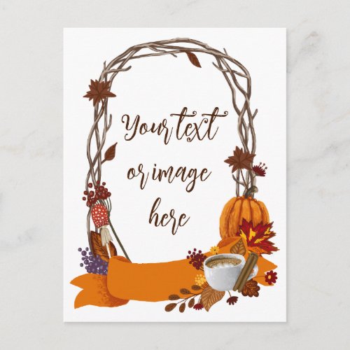 Floral Fall Wreath Autumn Flowers Pumpkin Coffee Holiday Postcard