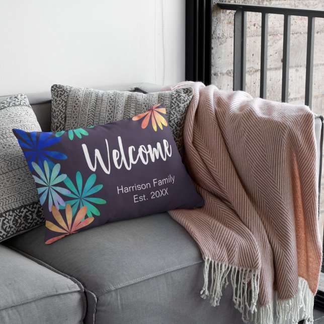 Floral Family Name Established Welcome Dark Outdoor Pillow (Creator Uploaded)