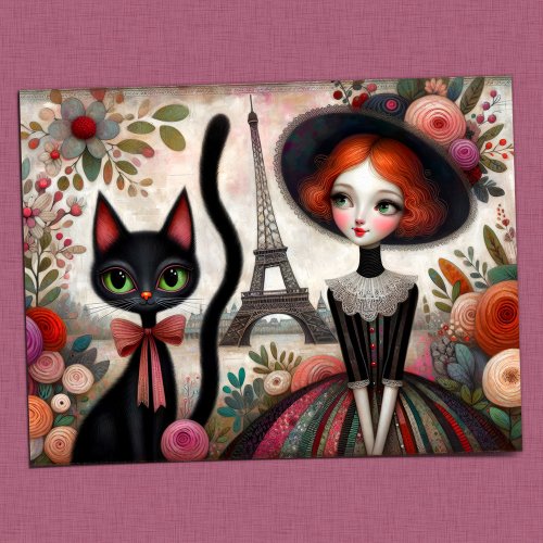 Floral Fantasies with a Feline Friend in Paris Postcard