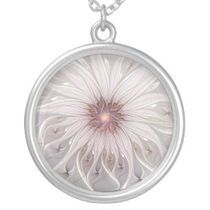 Floral Fantasy, Abstract Modern Pastel Flower Silver Plated Necklace
