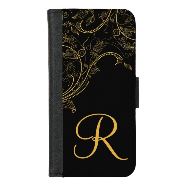 Floral Fantasy Black and Gold Ladies Monogram iPhone Wallet Case (Front)
