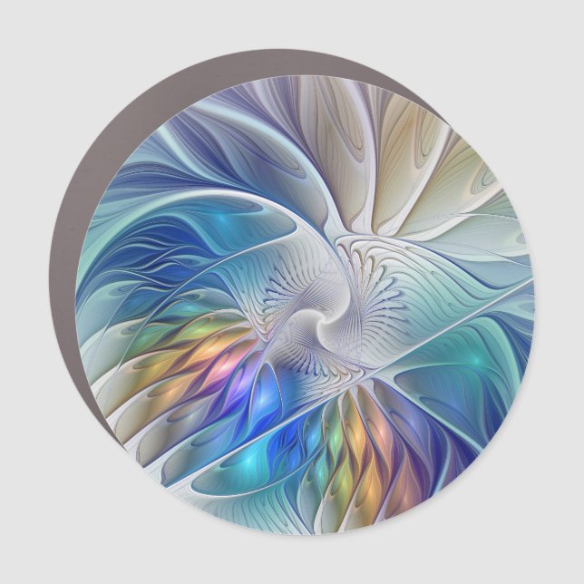 Floral Fantasy, Colorful Abstract Fractal Flower Car Magnet (Front)