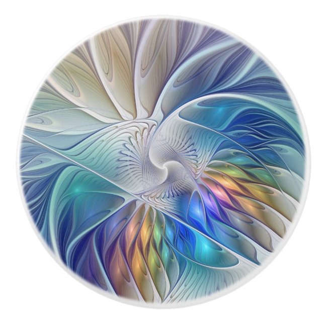 Floral Fantasy, Colorful Abstract Fractal Flower Ceramic Knob (Front)
