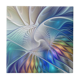 Floral Fantasy, Colorful Abstract Fractal Flower Ceramic Tile