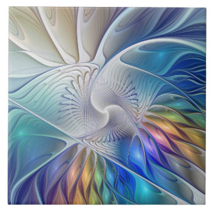 Floral Fantasy, Colorful Abstract Fractal Flower Ceramic Tile