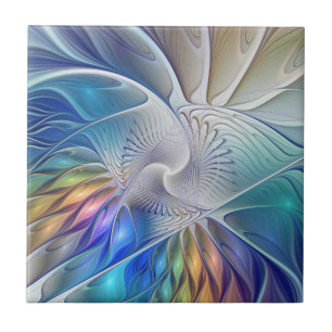 Floral Fantasy, Colorful Abstract Fractal Flower Ceramic Tile