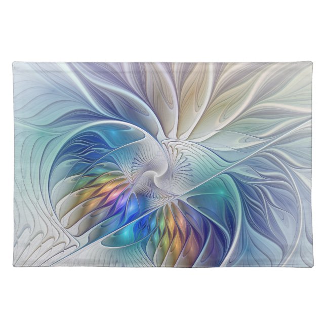 Floral Fantasy, Colorful Abstract Fractal Flower Cloth Placemat (Front)
