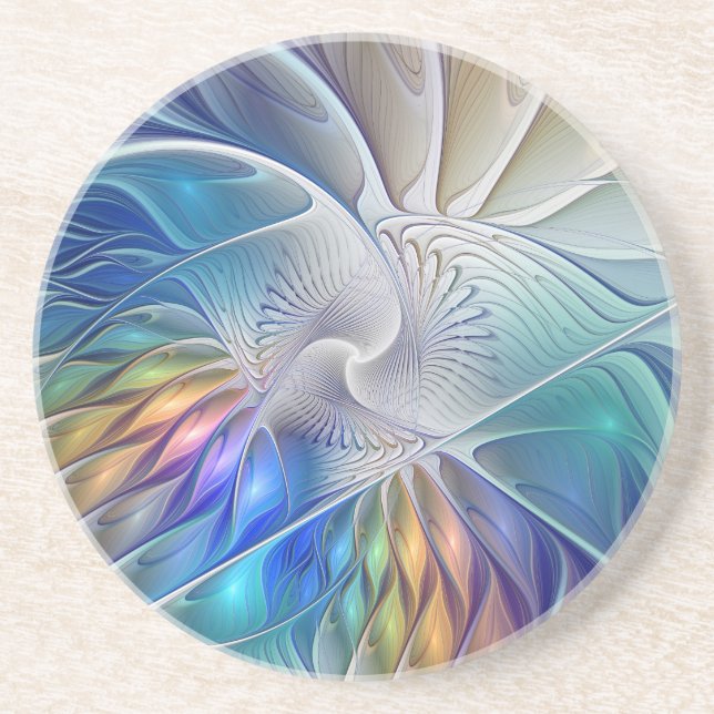 Floral Fantasy, Colorful Abstract Fractal Flower Coaster (Front)