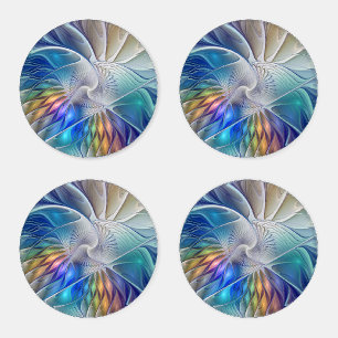 Floral Fantasy, Colorful Abstract Fractal Flower Coaster Set
