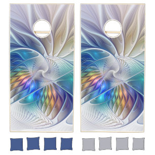 Floral Fantasy, Colorful Abstract Fractal Flower Cornhole Set