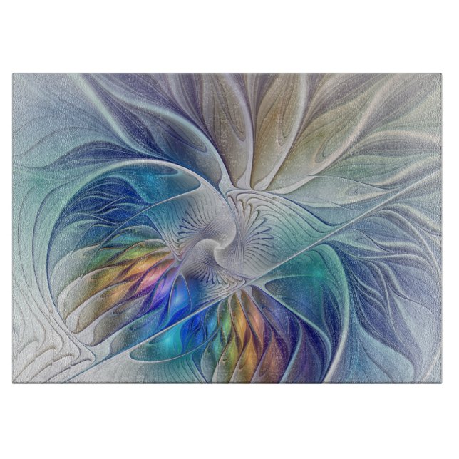 Floral Fantasy, Colorful Abstract Fractal Flower Cutting Board (Front)