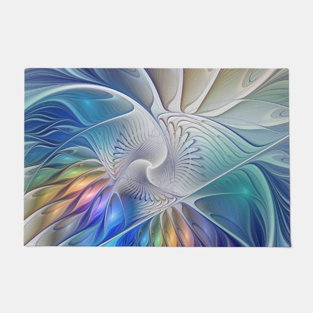 Floral Fantasy, Colorful Abstract Fractal Flower Doormat (Front)