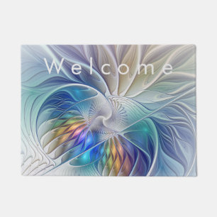 Floral Fantasy, Colorful Abstract Fractal Flower Doormat