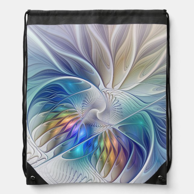 Floral Fantasy, Colorful Abstract Fractal Flower Drawstring Bag (Front)