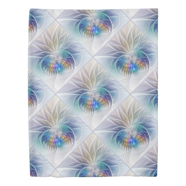 Floral Fantasy, Colorful Abstract Fractal Flower Duvet Cover (Front)