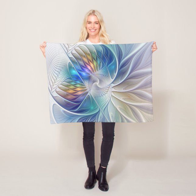Floral Fantasy, Colorful Abstract Fractal Flower Fleece Blanket (In Situ)