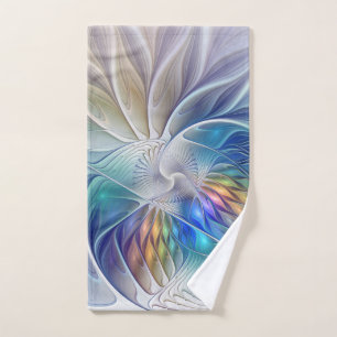 Floral Fantasy, Colorful Abstract Fractal Flower Hand Towel
