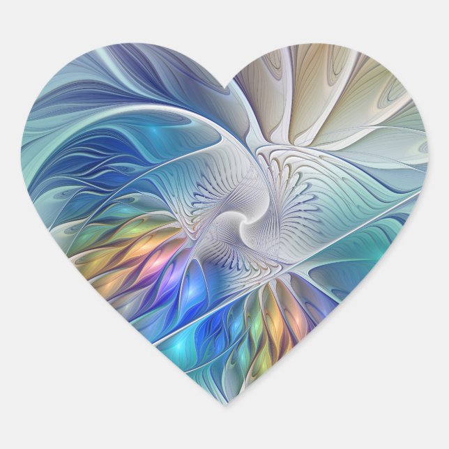 Floral Fantasy, Colorful Abstract Fractal Flower Heart Sticker (Front)