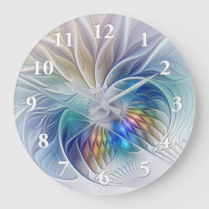 Floral Fantasy, Colorful Abstract Fractal Flower Large Clock