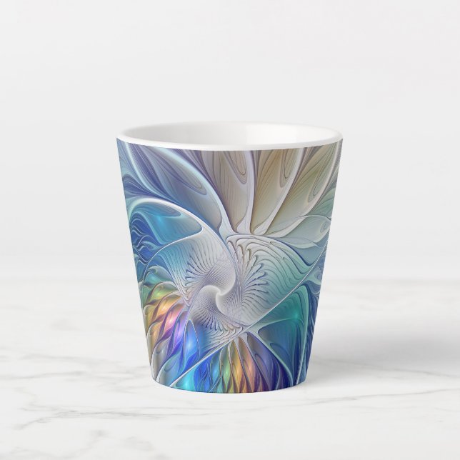 Floral Fantasy, Colorful Abstract Fractal Flower Latte Mug (Front)