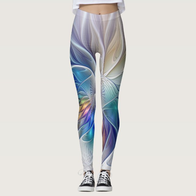 Floral Fantasy, Colorful Abstract Fractal Flower Leggings (Front)