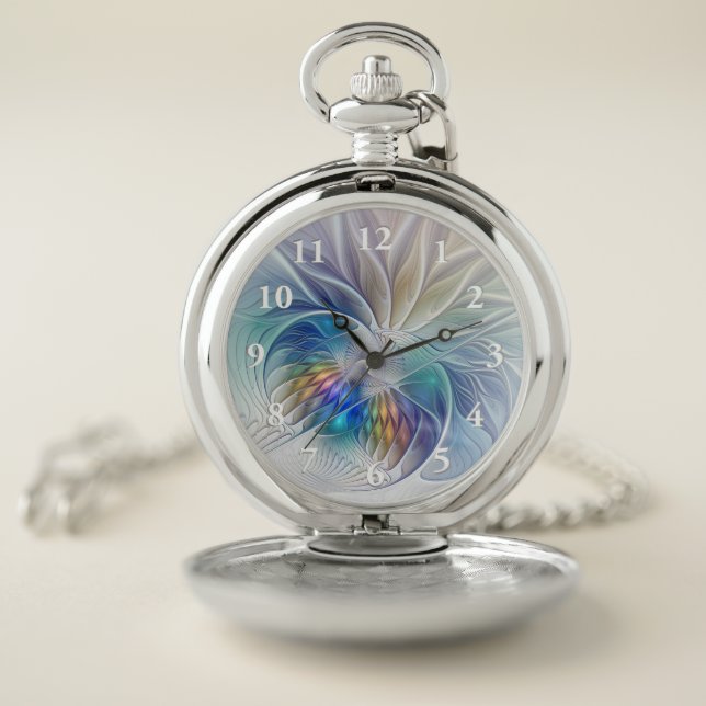 Floral Fantasy, Colorful Abstract Fractal Flower Pocket Watch (Inside)