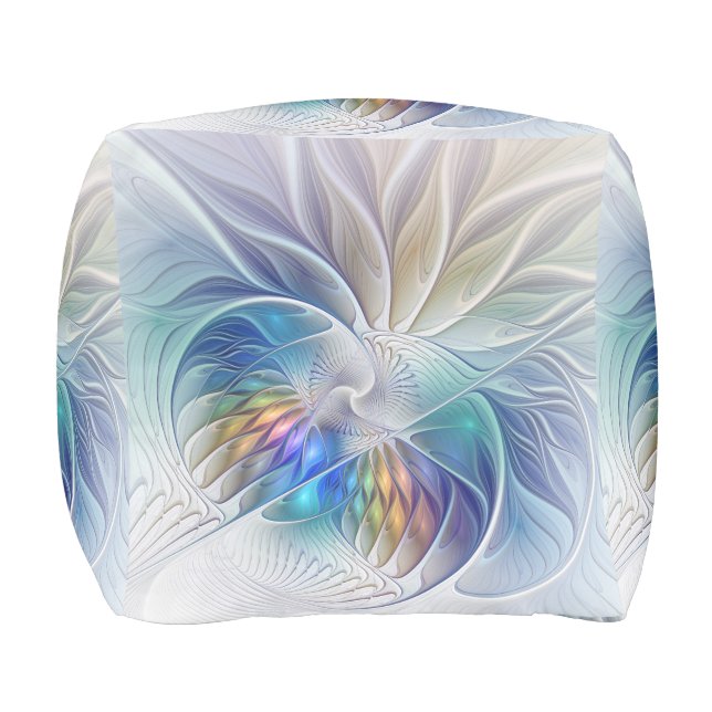 Floral Fantasy, Colorful Abstract Fractal Flower Pouf (Front)