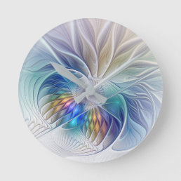 Floral Fantasy, Colorful Abstract Fractal Flower Round Clock