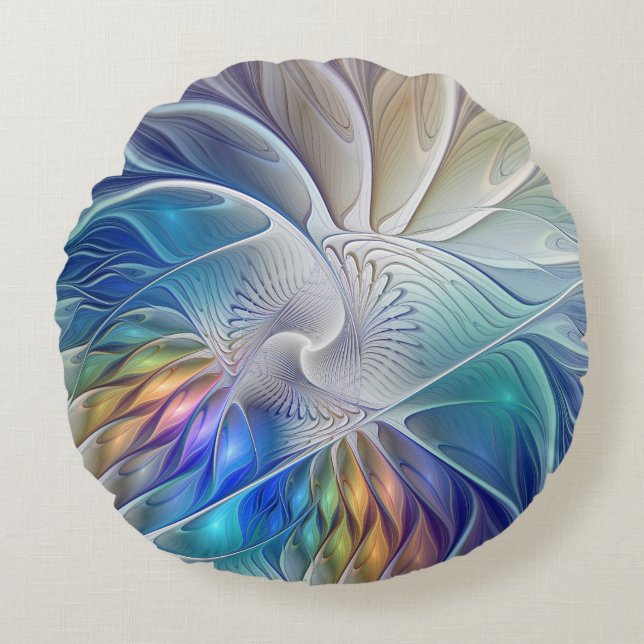 Floral Fantasy, Colorful Abstract Fractal Flower Round Pillow (Front)