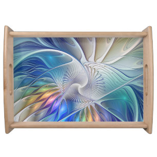 Floral Fantasy, Colorful Abstract Fractal Flower Serving Tray