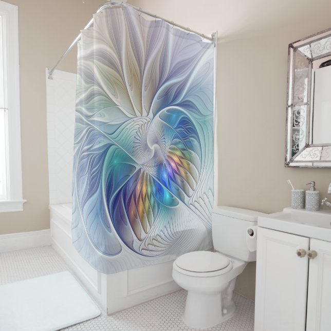 Floral Fantasy, Colorful Abstract Fractal Flower Shower Curtain (In Situ)