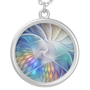 Floral Fantasy, Colorful Abstract Fractal Flower Silver Plated Necklace