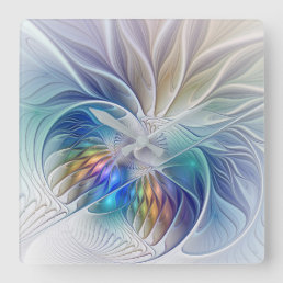Floral Fantasy, Colorful Abstract Fractal Flower Square Wall Clock