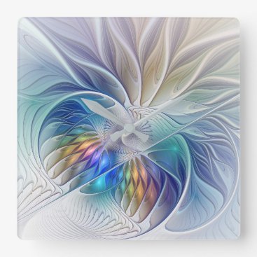 Floral Fantasy, Colorful Abstract Fractal Flower Square Wall Clock