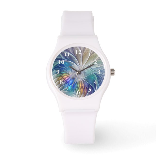Floral Fantasy, Colorful Abstract Fractal Flower Watch (Front)